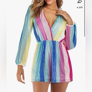Women’s V Neck Lantern Sleeve Multicolor Stripe Sequin Romper